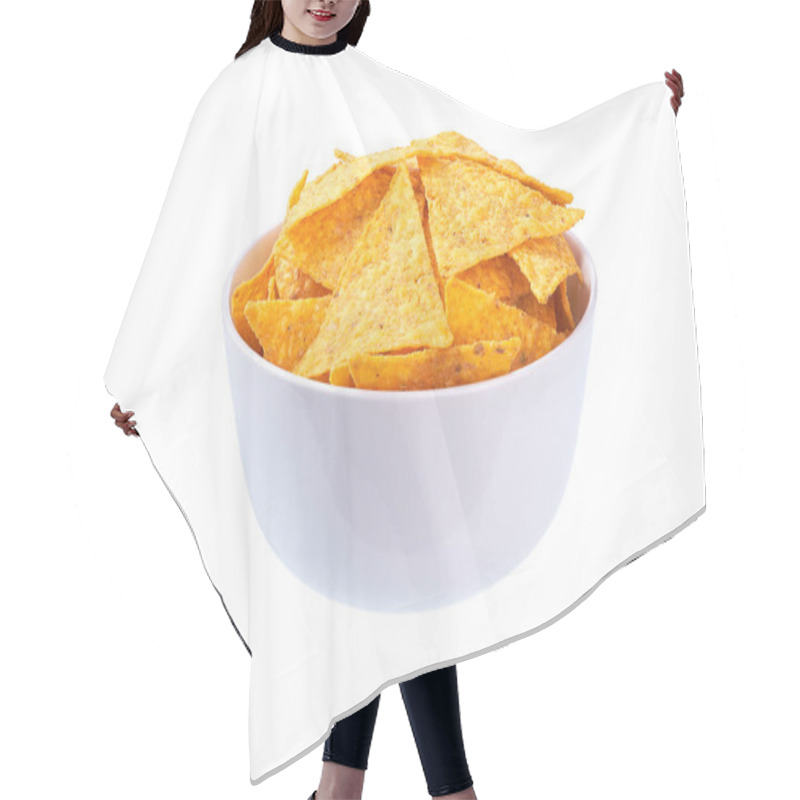 Personality  White Bowl Of Delicious Mexican Nachos Chips Isolated On A White Background. Hair Cutting Cape