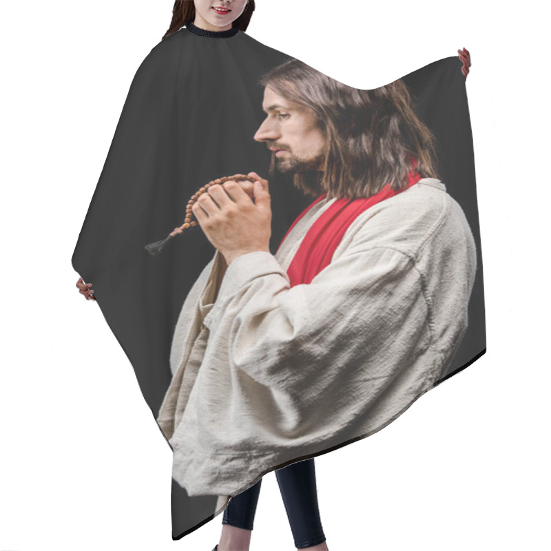 Personality  Side View Of Religious Man Holding Rosary Beads Isolated On Black  Hair Cutting Cape