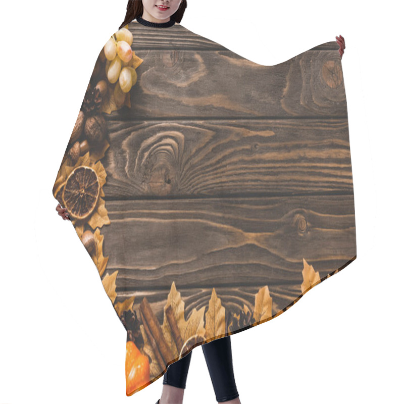 Personality  Top View Of Autumnal Harvest And Foliage On Brown Wooden Background Hair Cutting Cape