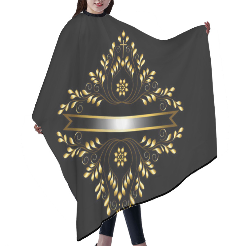 Personality   Gold Frame With Leaf And Curled Details Around Silver Ribbon With Gold Frame On Black Backgroun Hair Cutting Cape