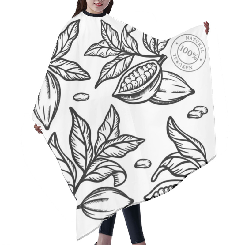 Personality  COCOA COLLECTION Fruit Seeds And Leaves Of Theobroma Tree Monochrome Design In Vintage Style Hand Drawn Clip Art With Stamp Vector Illustration Set For Print Hair Cutting Cape