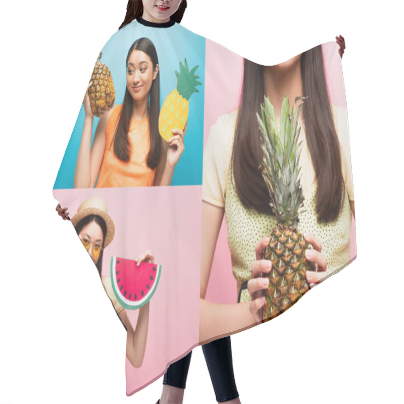 Personality  Collage Of Happy Asian Girl Touching Sunglasses, Holding Carton Watermelon And Ripe Pineapples On Blue And Pink  Hair Cutting Cape