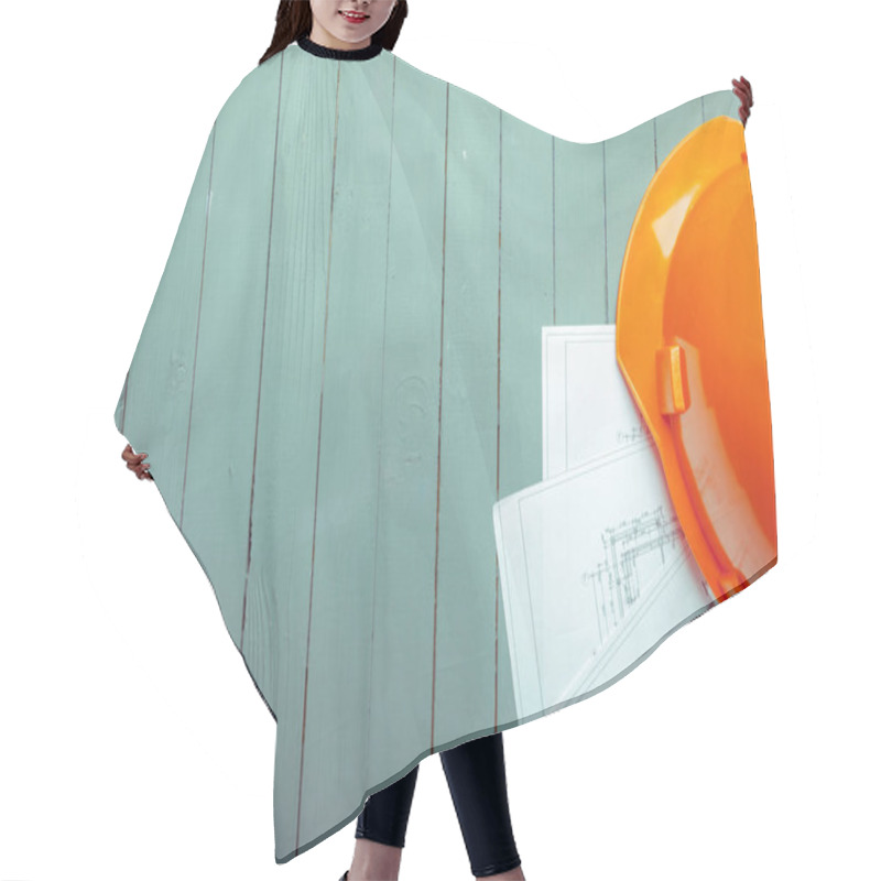 Personality  Top View Of Architectural Plans On Wooden Desk Hair Cutting Cape