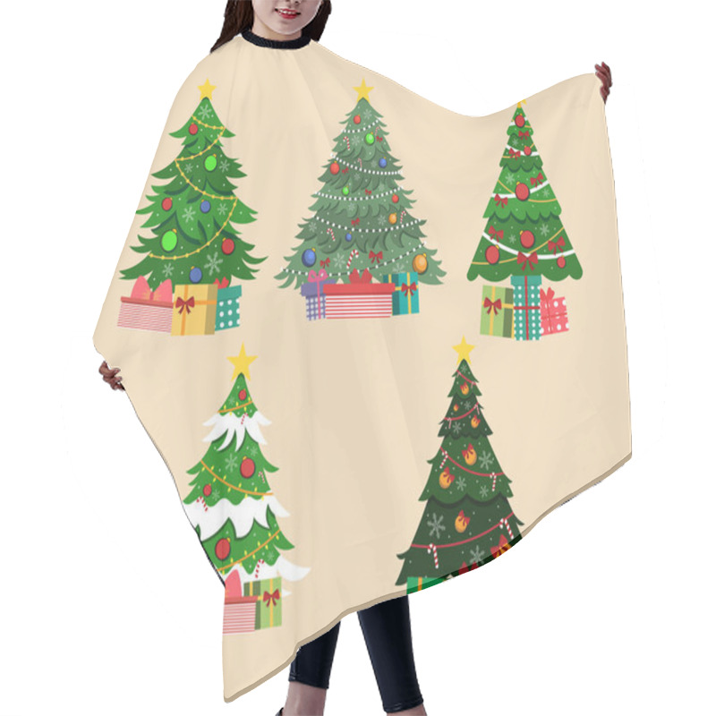 Personality  Vector Illustration Of Set Of Decoration Christmas Trees With Presents Hair Cutting Cape