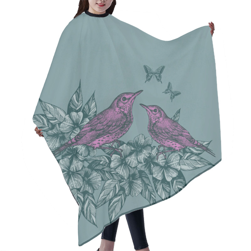 Personality  Spring Background With Two Pink Birds And Butterflies, Hand-draw Hair Cutting Cape