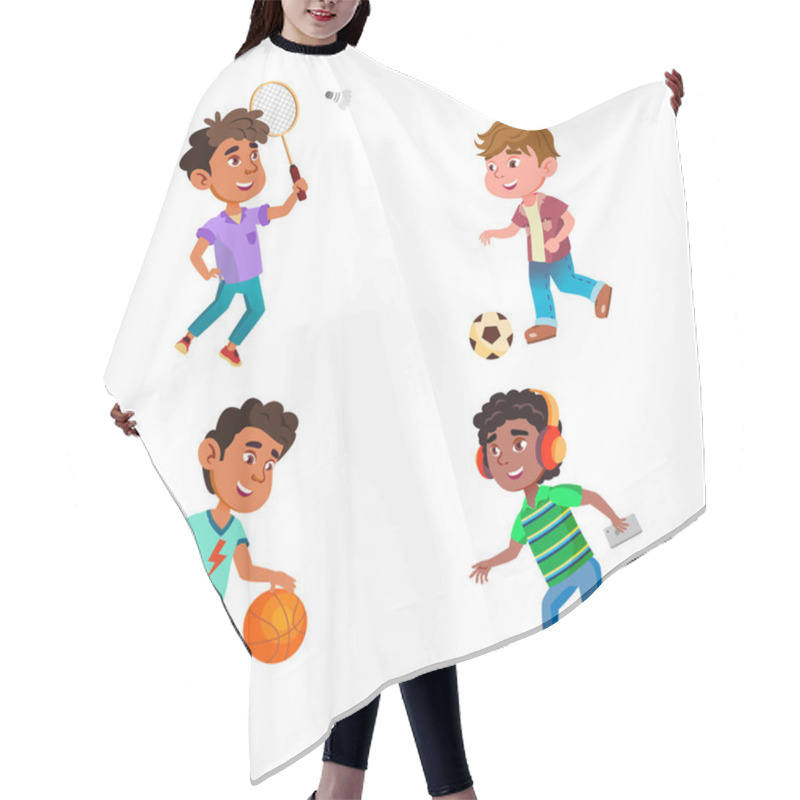 Personality  Kids Boys Play Sport Game On Playground Set Vector. Children Playing Football And Basketball With Game, Badminton And Rollerblading Sport Active Time. Characters Flat Cartoon Illustrations Hair Cutting Cape