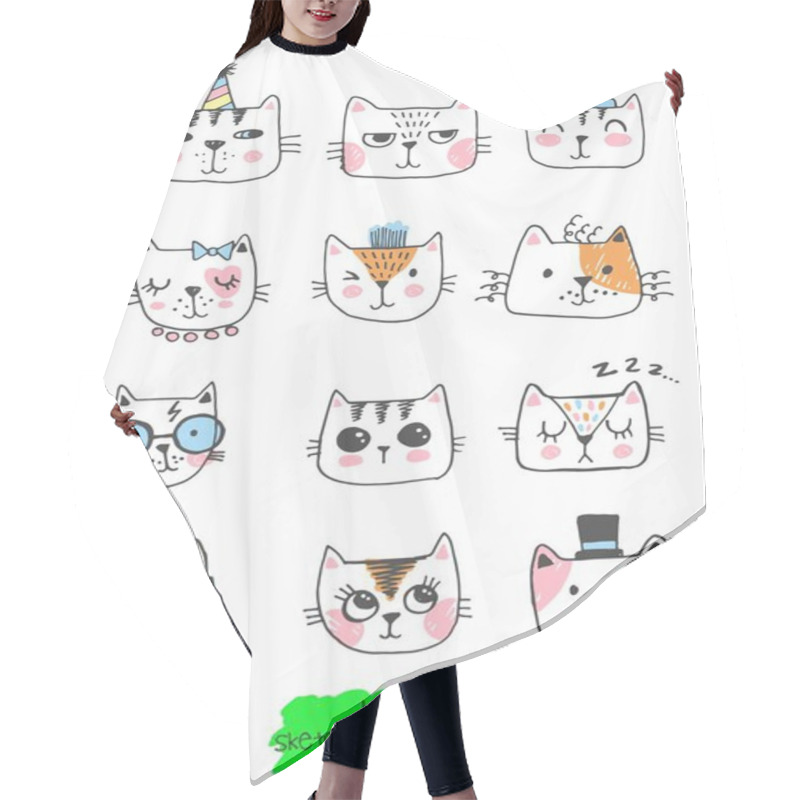 Personality  Big Kawaii Set Of Doodle Cute Sweet Cats, Sketch Characters, Hand Drawn, Cats Faces Ith Different Emotions, Emoticons, Smileys Hair Cutting Cape