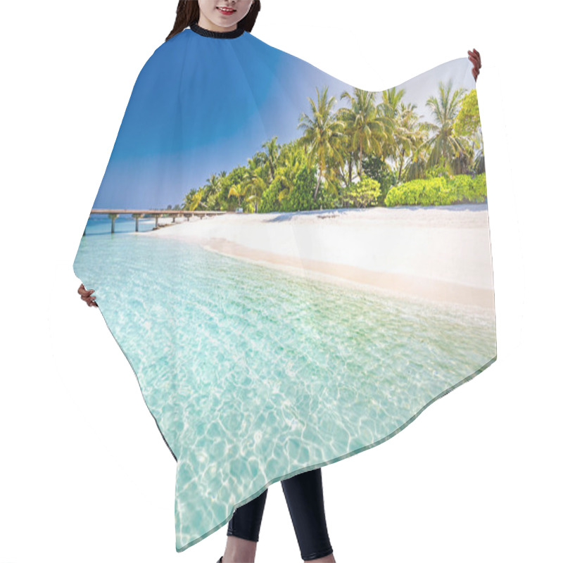 Personality  Tropical Beach Background As Summer Landscape With Beach Swing Or Hammock And White Sand And Calm Sea For Beach Banner. Perfect Beach Scene Vacation And Summer Holiday Concept. Boost Up Color Process Hair Cutting Cape