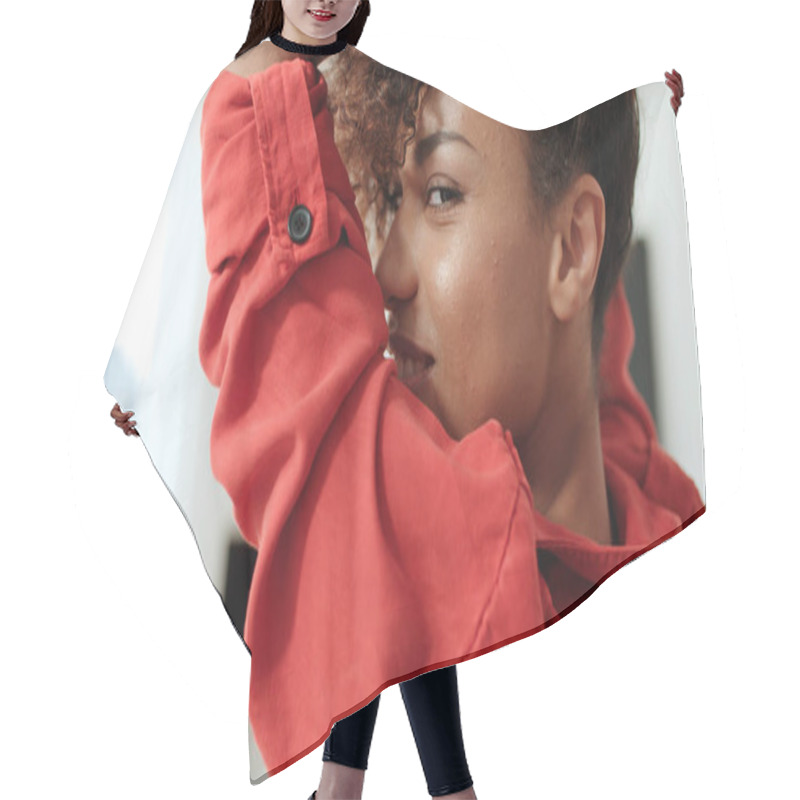 Personality  Portrait Of Happy Young Afro American Woman At Home. Hair Cutting Cape