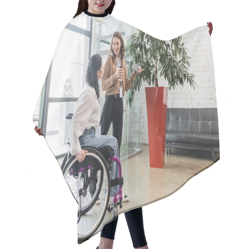 Personality  Inclusion Concept, Happy Woman Pointing Away And Looking At Disabled Colleague In Wheelchair Hair Cutting Cape