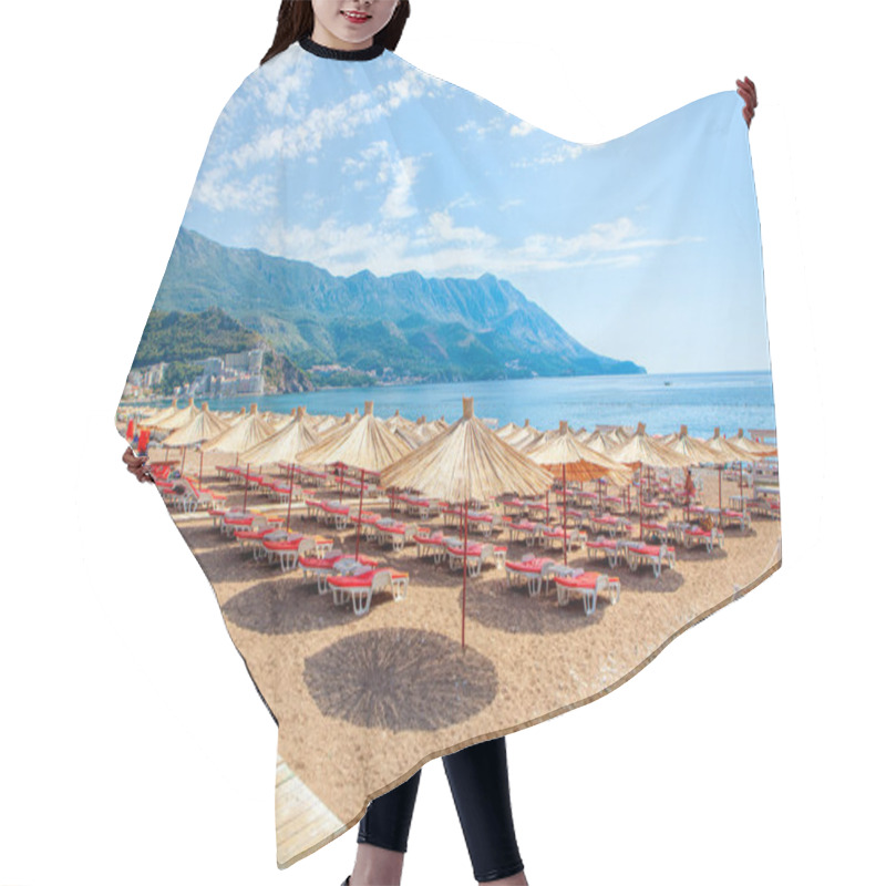 Personality  Becici Beach In Montenegro , Sun Umbrellas And Loungers At The Sandy Beach . Summer Adriatic Seaside Hair Cutting Cape