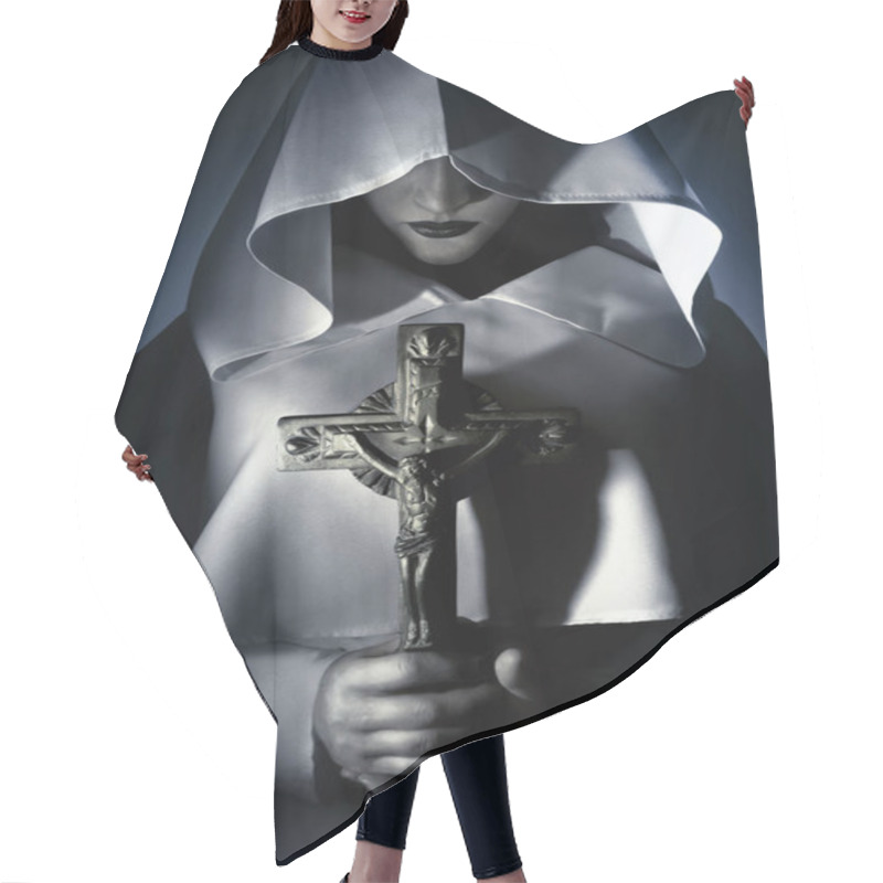 Personality  Praying Woman In White Hooded Cloak Holding A Cross. Hair Cutting Cape