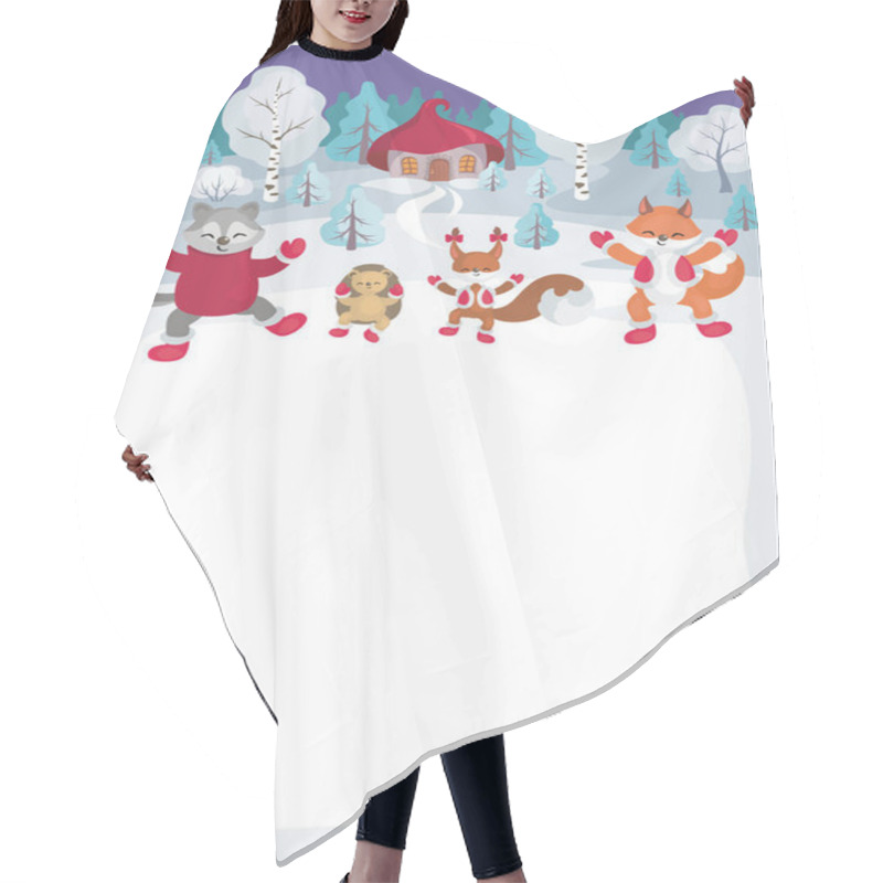 Personality  Children's Background With The Image Of Funny Forest Animals And Winter Landscape.  Hair Cutting Cape