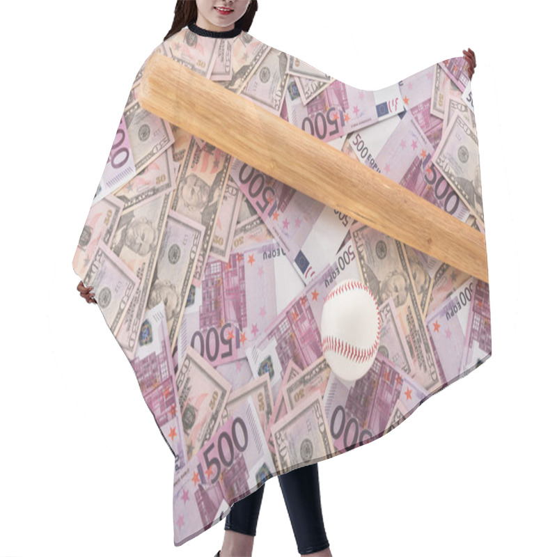 Personality  Top View Of Baseball Bat And Ball On Euro And Dollar Banknotes, Sports Betting Concept Hair Cutting Cape