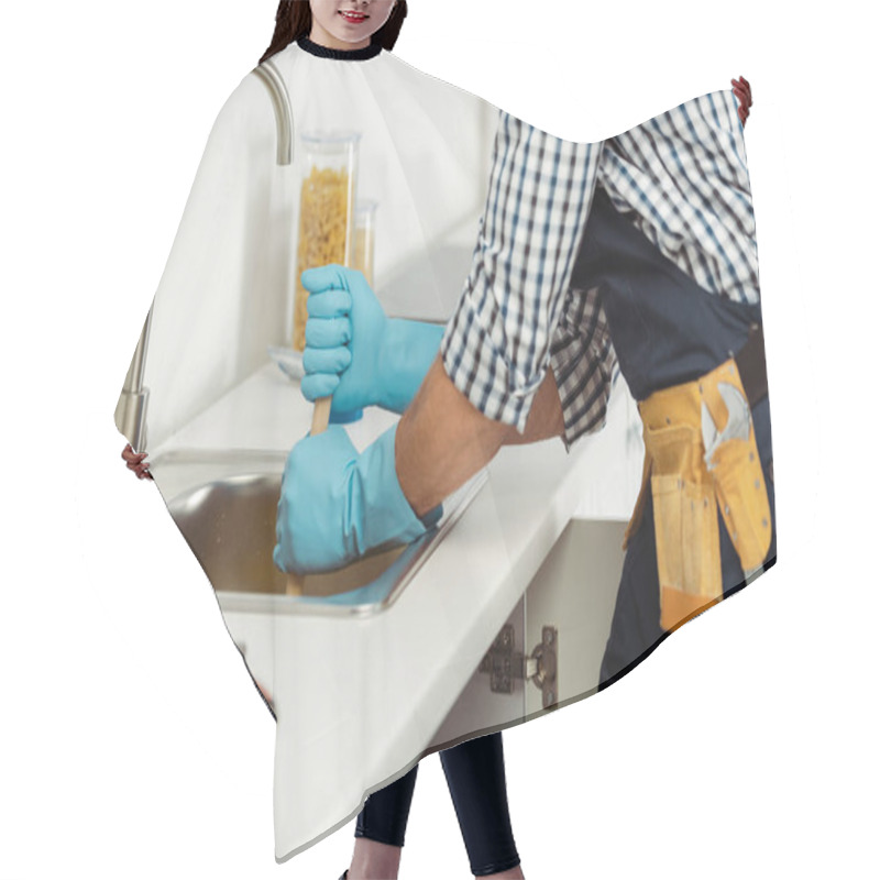 Personality  Cropped View Of Plumber In Tool Belt And Rubber Gloves Cleaning Blockage Of Kitchen Sink  Hair Cutting Cape