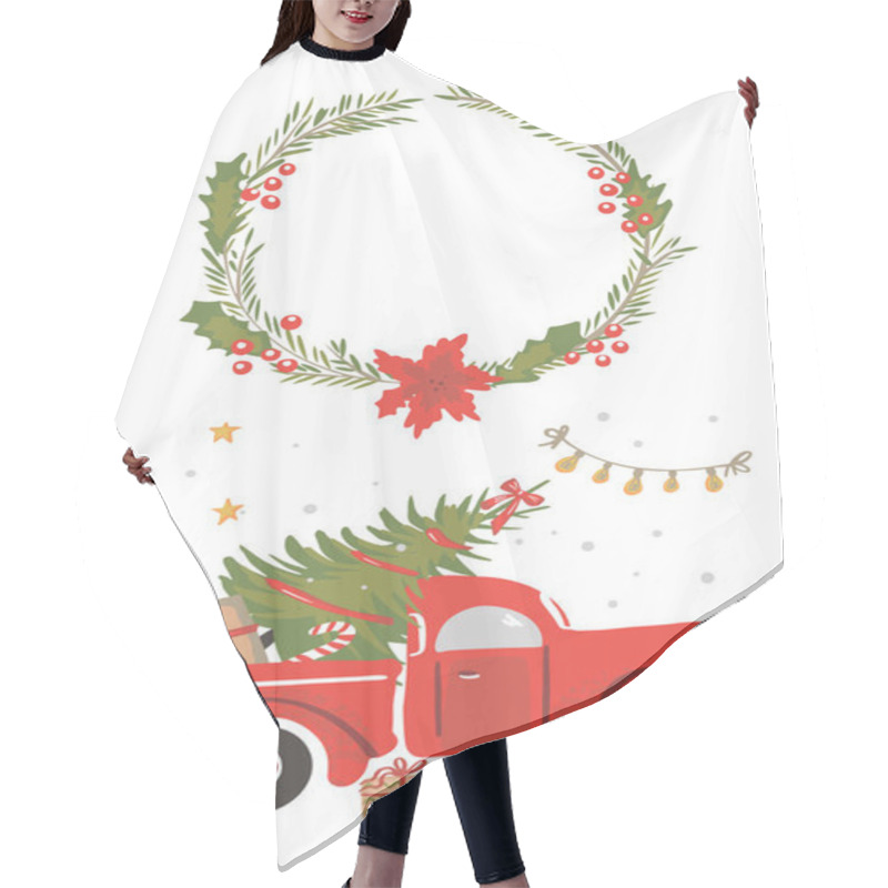 Personality  Christmas Red Truck With A Christmas Tree. Hair Cutting Cape