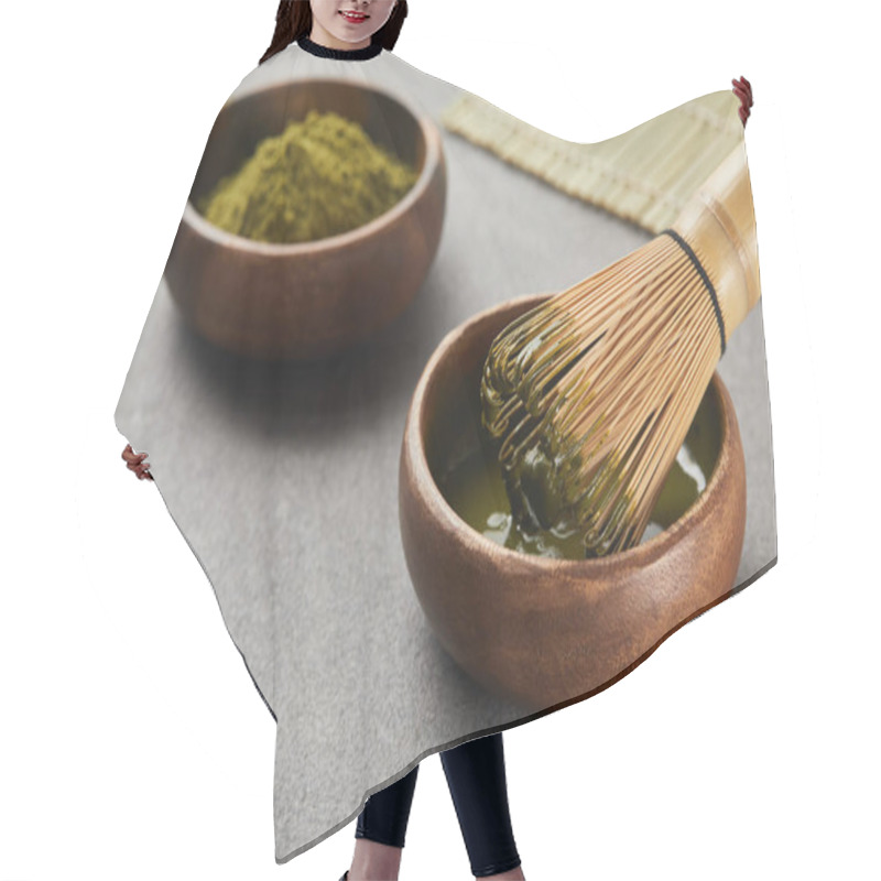 Personality  Selective Focus Of Matcha Powder Bowl Near Bamboo Whisk In Green Tea Hair Cutting Cape