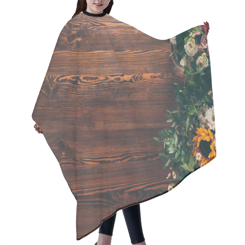 Personality  Top View Of Different Flowers On Brown Wooden Table Hair Cutting Cape