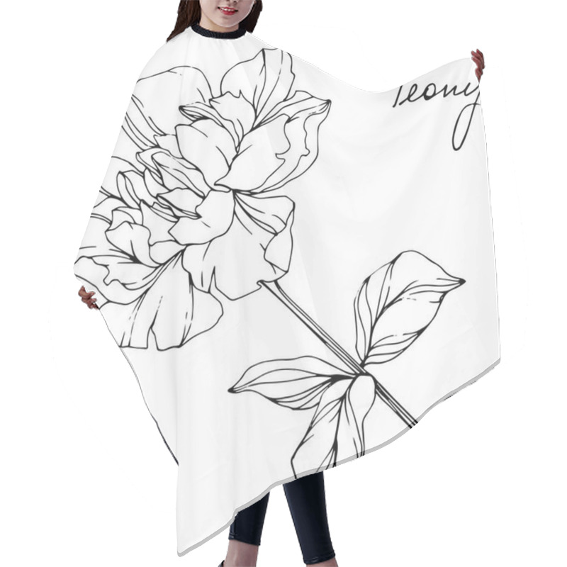 Personality  Vector Isolated Monochrome Peony Flower Sketch And Handwritten Lettering On White Background. Engraved Ink Art.  Hair Cutting Cape