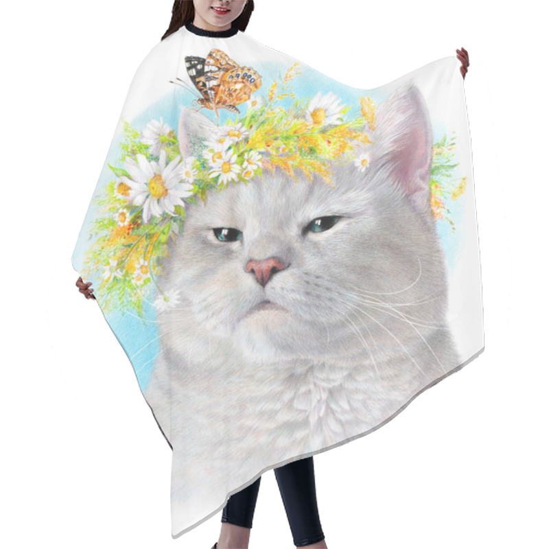 Personality  Realistic Portrait Of A Gray Cat With A Wreath Of Daisies And A Butterfly. Isolated On A White Background. Color Portrait Hair Cutting Cape