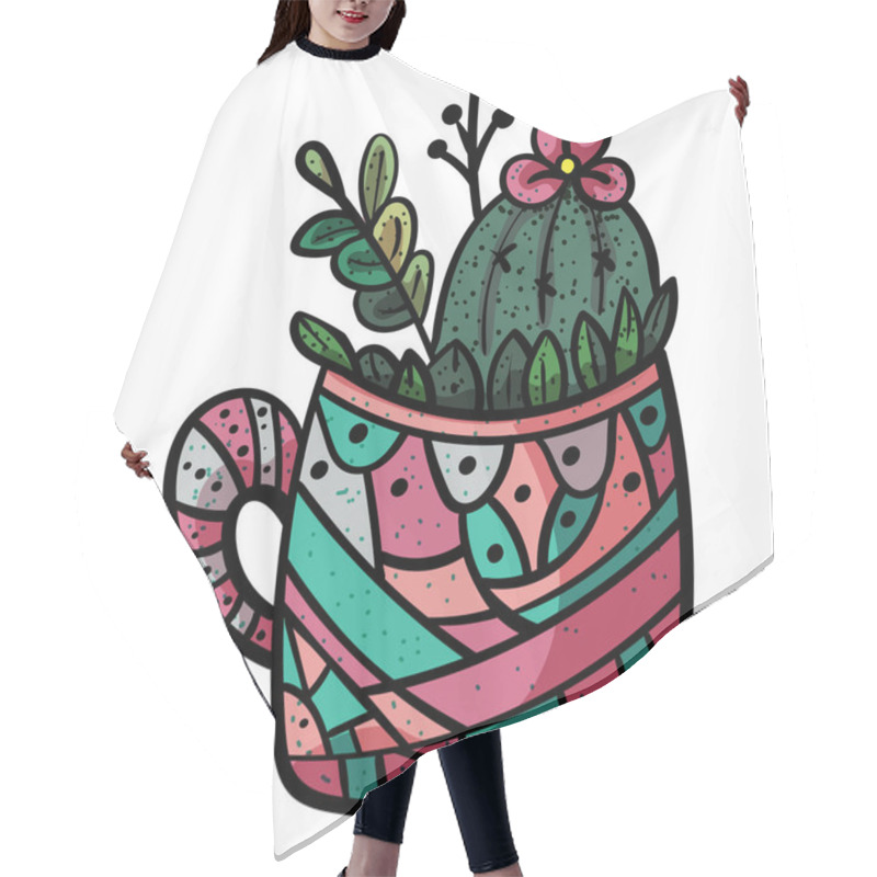 Personality  Plant From The Family Of Succulents. Cactus In A Pot Circle With Stripes. - Vector. Hair Cutting Cape