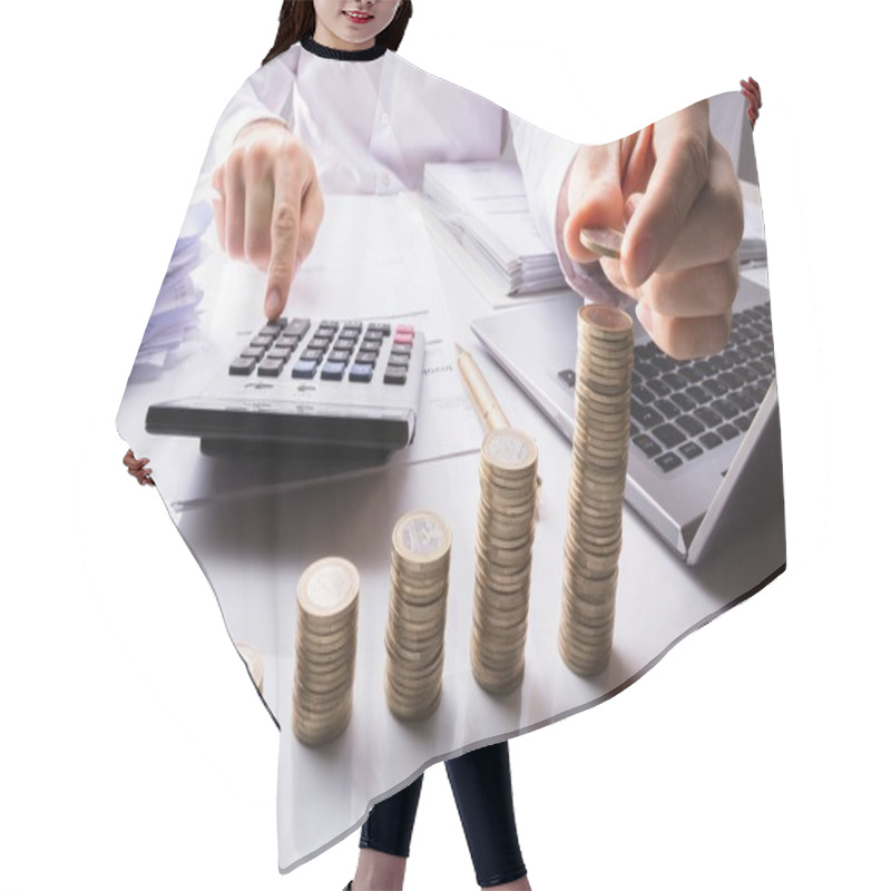 Personality  Close-up Of A Business Person Counting Coins Using Calculator With Laptop And Documents Over Desk Hair Cutting Cape