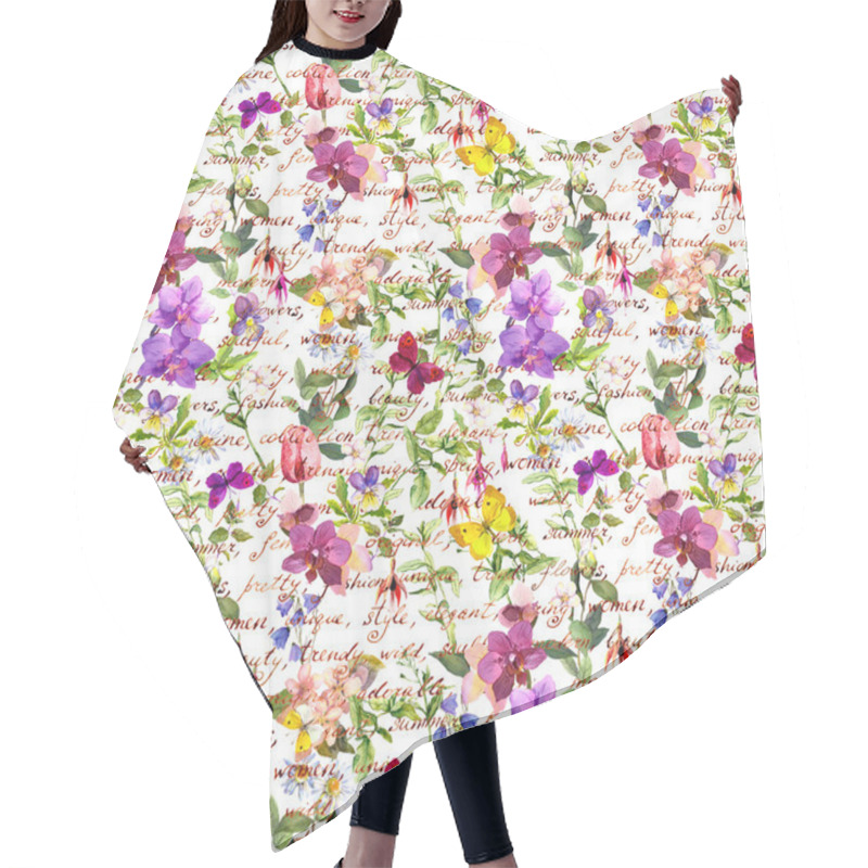 Personality  Meadow Flowers And Butterflies With Hand Written Words. Repeated Floral Background. Watercolor Hair Cutting Cape