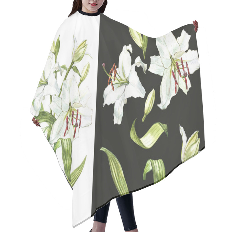 Personality  Watercolor Set Of White Lilies, Hand Drawn Botanical Illustration Of Flowers On A Dark Background. Hair Cutting Cape