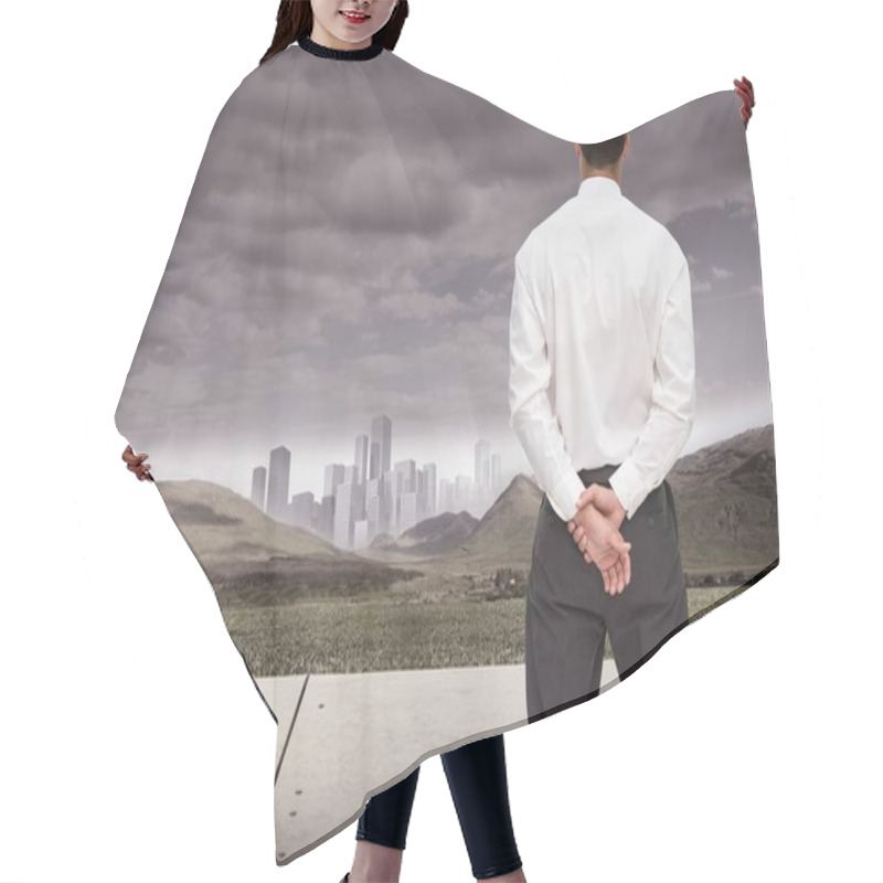 Personality  Composite Image Of Businessman Turning His Back To Camera Looking At Distance City Hair Cutting Cape