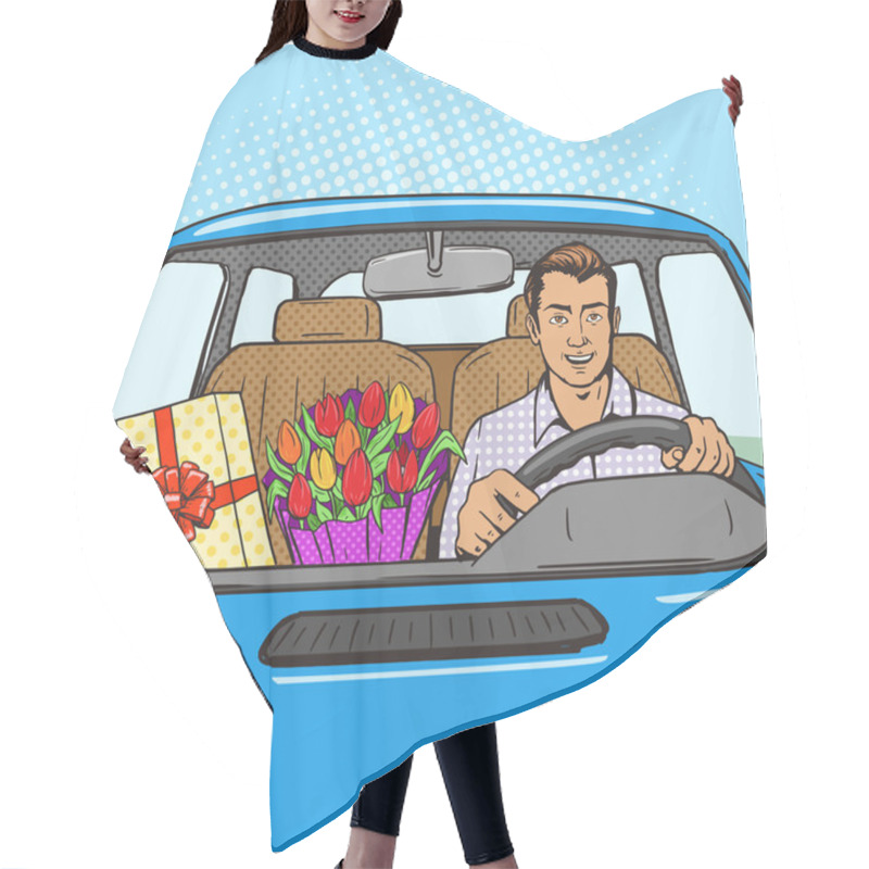 Personality  Man With Gift Flowers In Car Pop Art Style Vector Hair Cutting Cape