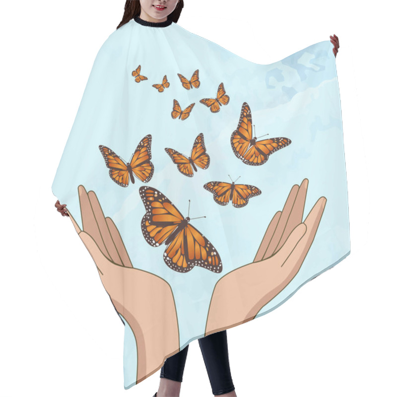 Personality  Hands Releasing Orange Monarch Butterflies. Vector Illustration Hair Cutting Cape