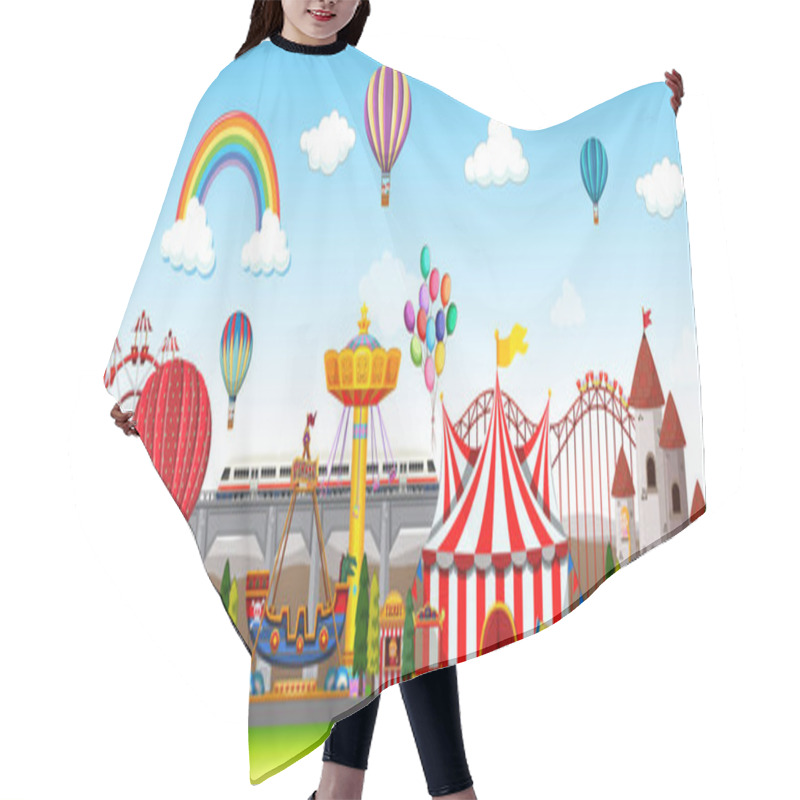 Personality  Themepark Scene With Many Rides At Day Time Illustration Hair Cutting Cape