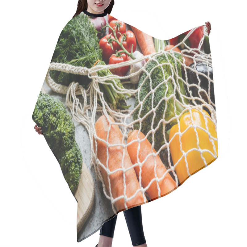 Personality  Fresh Ripe Vegetables In String Bag Near Cutting Board On Grey Concrete Surface Hair Cutting Cape