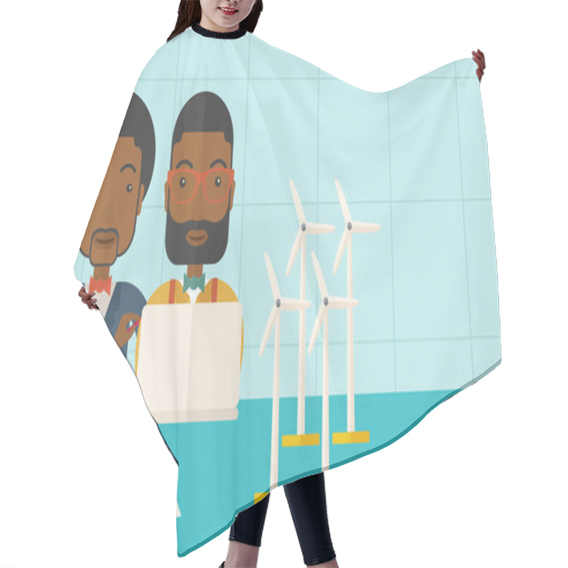 Personality  Two Black Workers Using Laptop With Windmills. Hair Cutting Cape