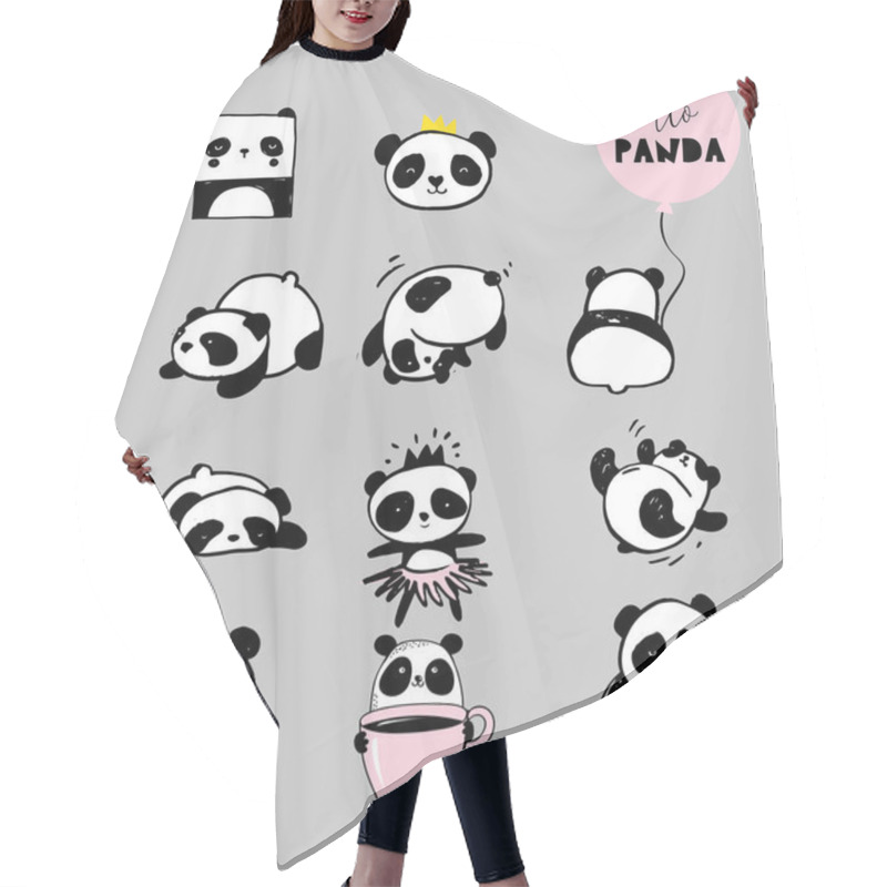 Personality  Cute Panda Bear Illustrations, Collection Of Vector Hand Drawn Elements, Black And White Icons Hair Cutting Cape