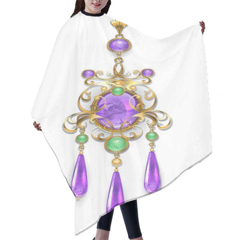 Personality  Gold Brooch, Decorated With Amethysts And Chrysoprase On A White Background. Design Of Jewelry Hair Cutting Cape