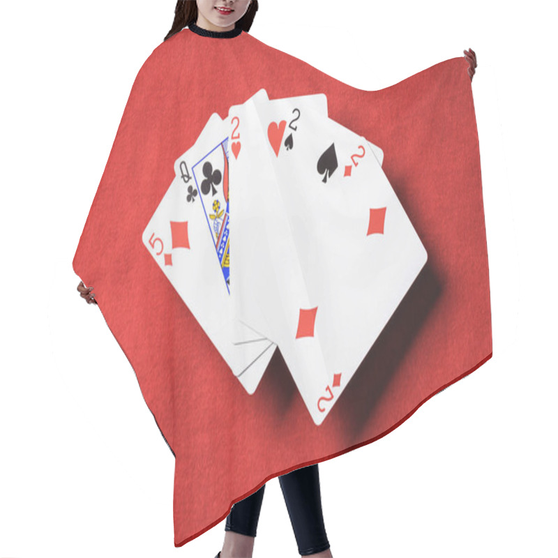 Personality  Top View Of Red Poker Table And Playing Cards Combination With Different Suits Hair Cutting Cape