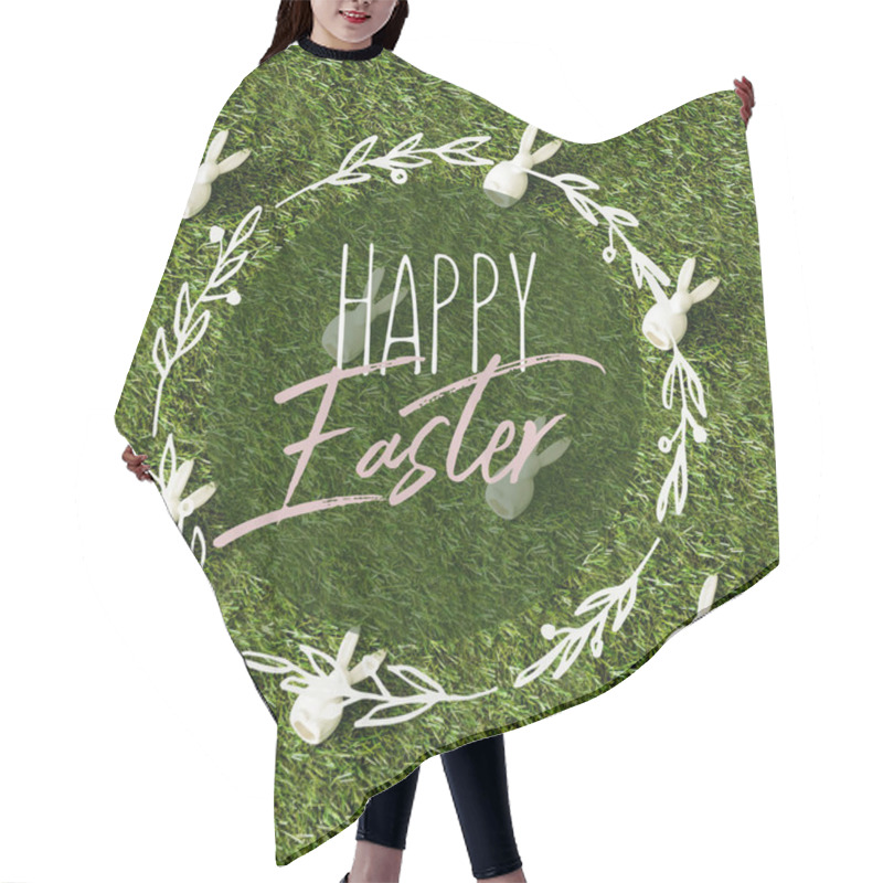 Personality  Top View Of Decorative Bunnies Scattered On Green Grass With Happy Easter Lettering In Circle Hair Cutting Cape