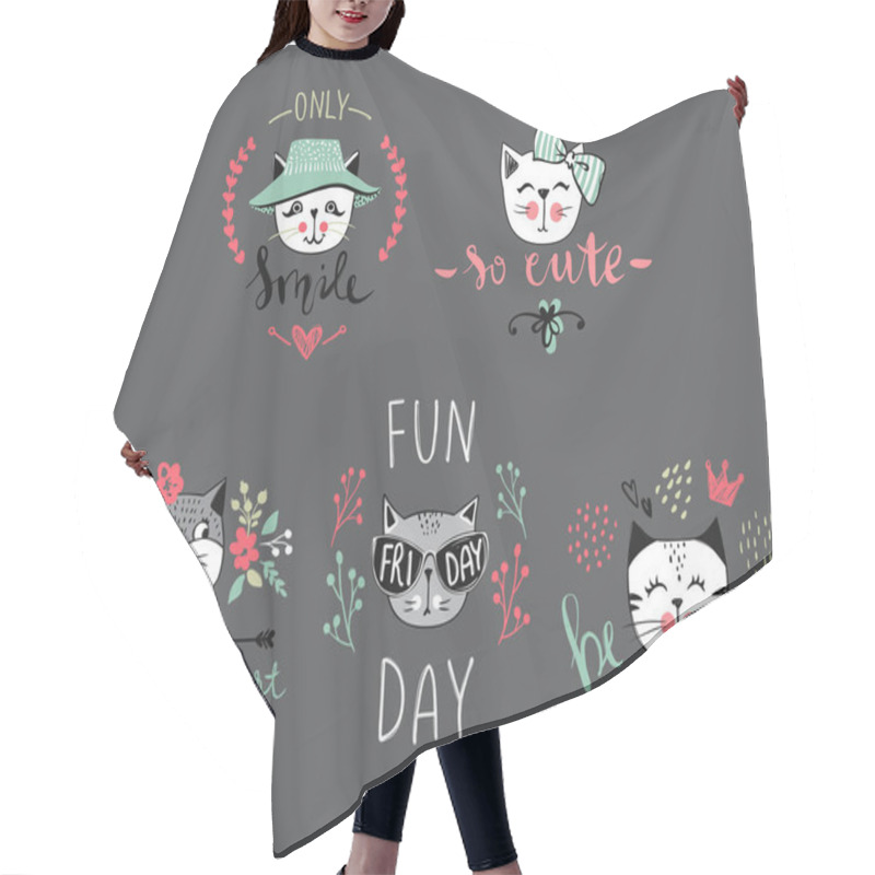 Personality  Vector Card Series With Cute Fashion Cats. Hair Cutting Cape