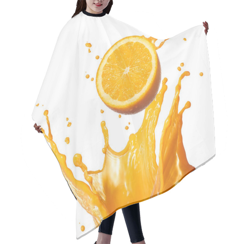 Personality  Orange Juice Splashing With Its Fruit Isolated On White Hair Cutting Cape