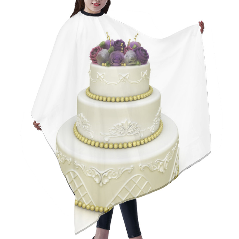 Personality  Multi-tiered Wedding Celebration Cake With Sugar Roses And Patterns. Isolated On White Background Hair Cutting Cape