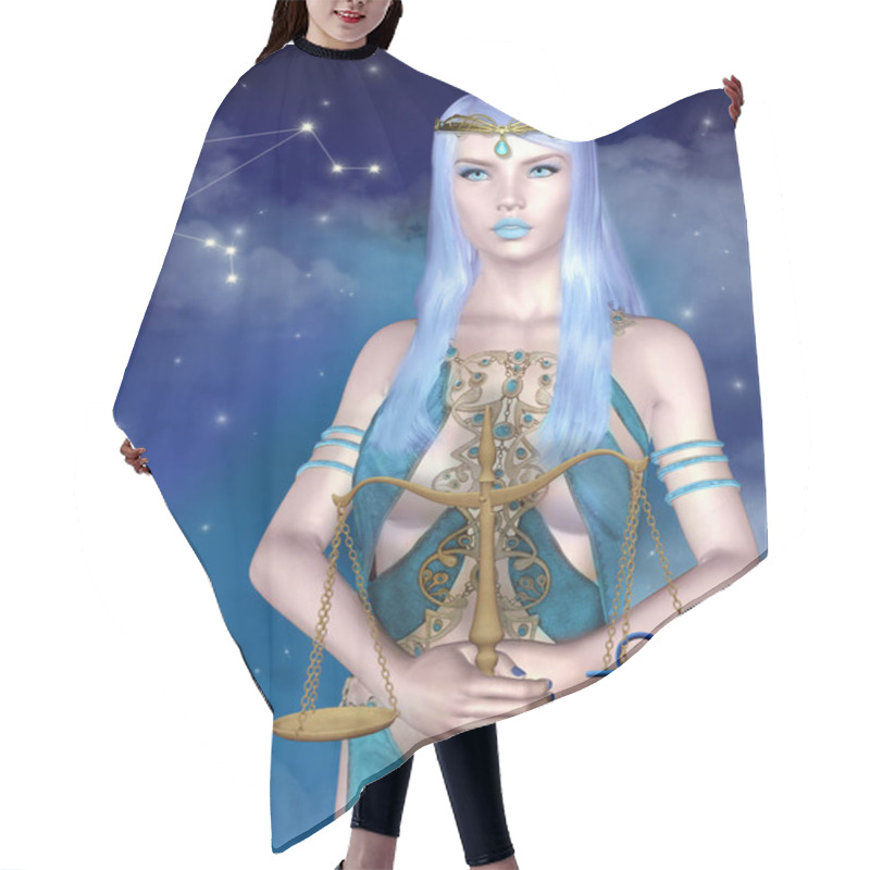 Personality  Beautiful Lady Portraying Libra Zodiac Sign On A Blue Starry Sky Background Hair Cutting Cape