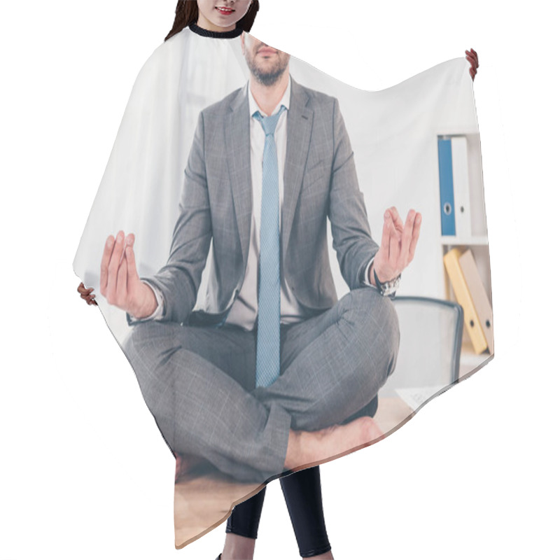 Personality  Partial View Of Businessman Meditating In Lotus Pose On Office Desk Hair Cutting Cape