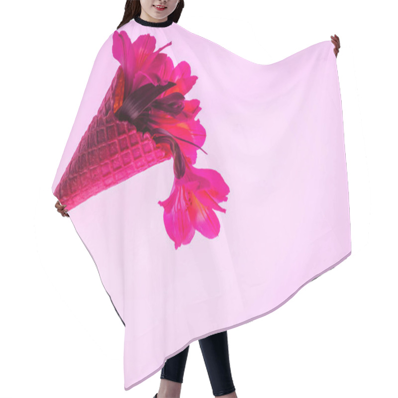 Personality  Blooming Flowers In Sweet Ice Cream Cone Isolated On Pink  Hair Cutting Cape