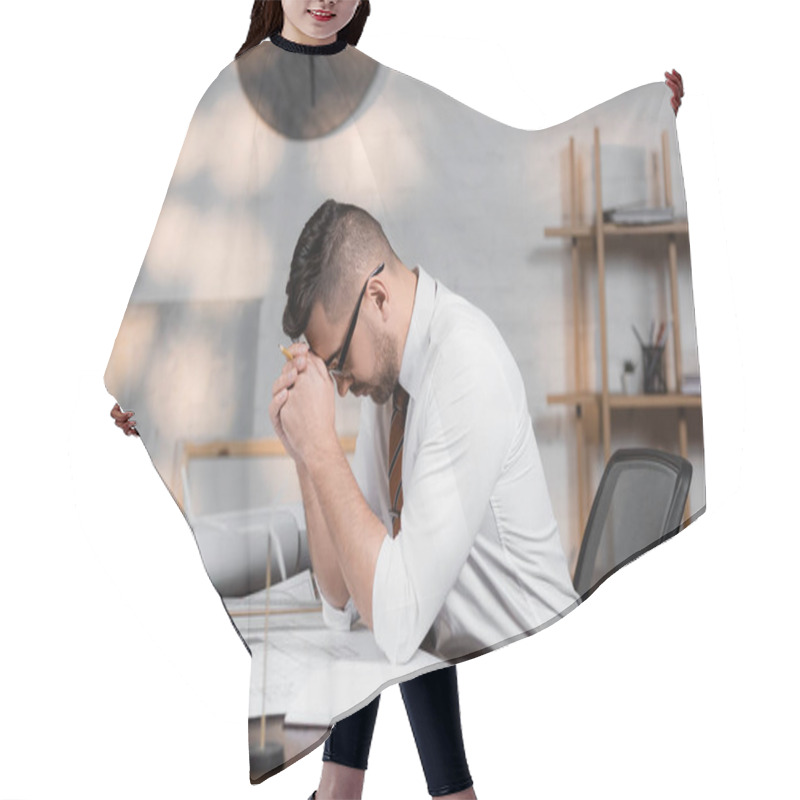 Personality  Tired Architect Sitting With Bowed Head Near Blueprints On Desk Hair Cutting Cape