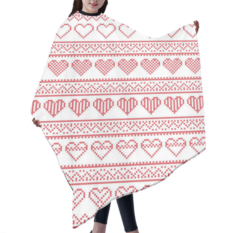 Personality  Nordic Style And Inspired By Scandinavian Cross Stitch Craft Seamless Christmas Pattern In Red And White Including  Vary Hearts Elements And  Decorative Ornaments  Hair Cutting Cape