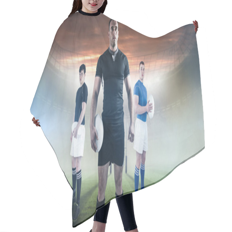 Personality  Rugby Players Holding Rugby Balls Hair Cutting Cape