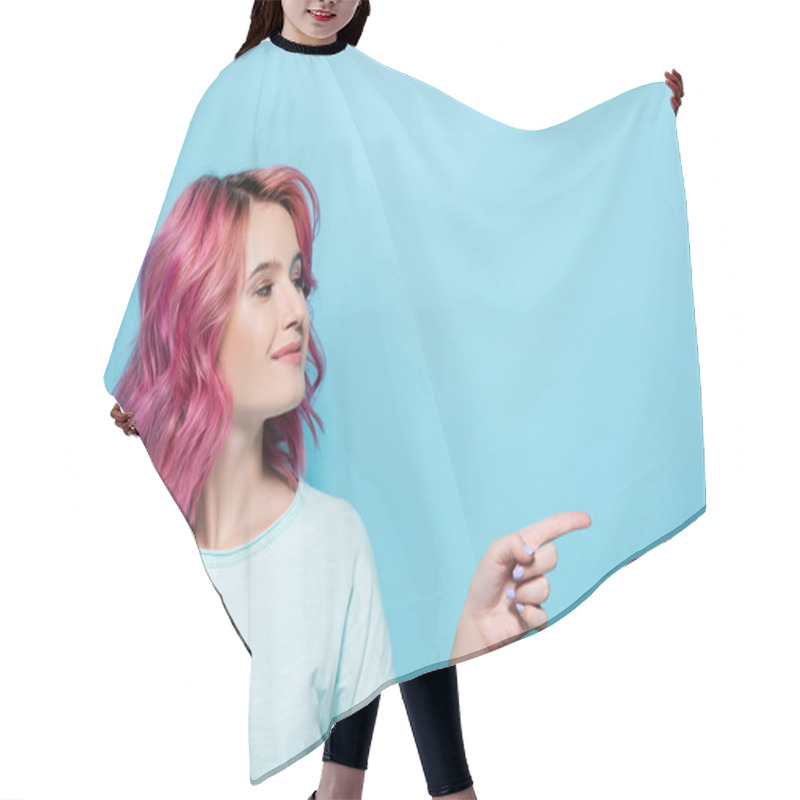 Personality  Young Woman With Pink Hair Pointing Aside On Blue Background Hair Cutting Cape