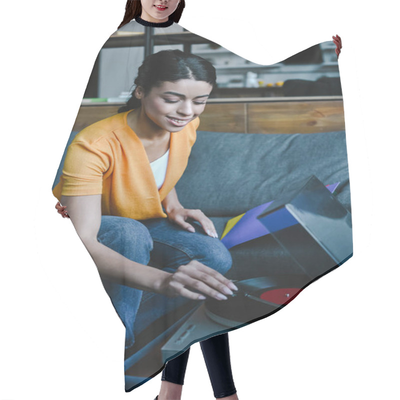 Personality  Smiling Beautiful Mixed Race Girl In Orange Shirt Turning On Gramophone With Retro Vinyl At Home Hair Cutting Cape