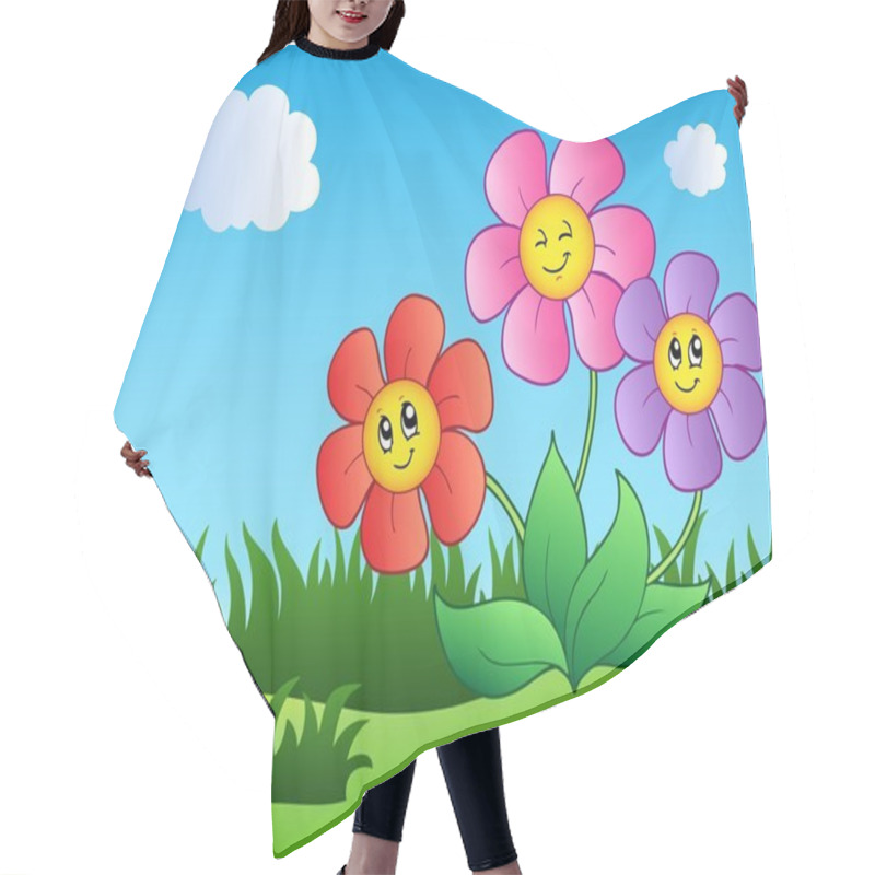 Personality  Three Cartoon Flowers On Meadow Hair Cutting Cape